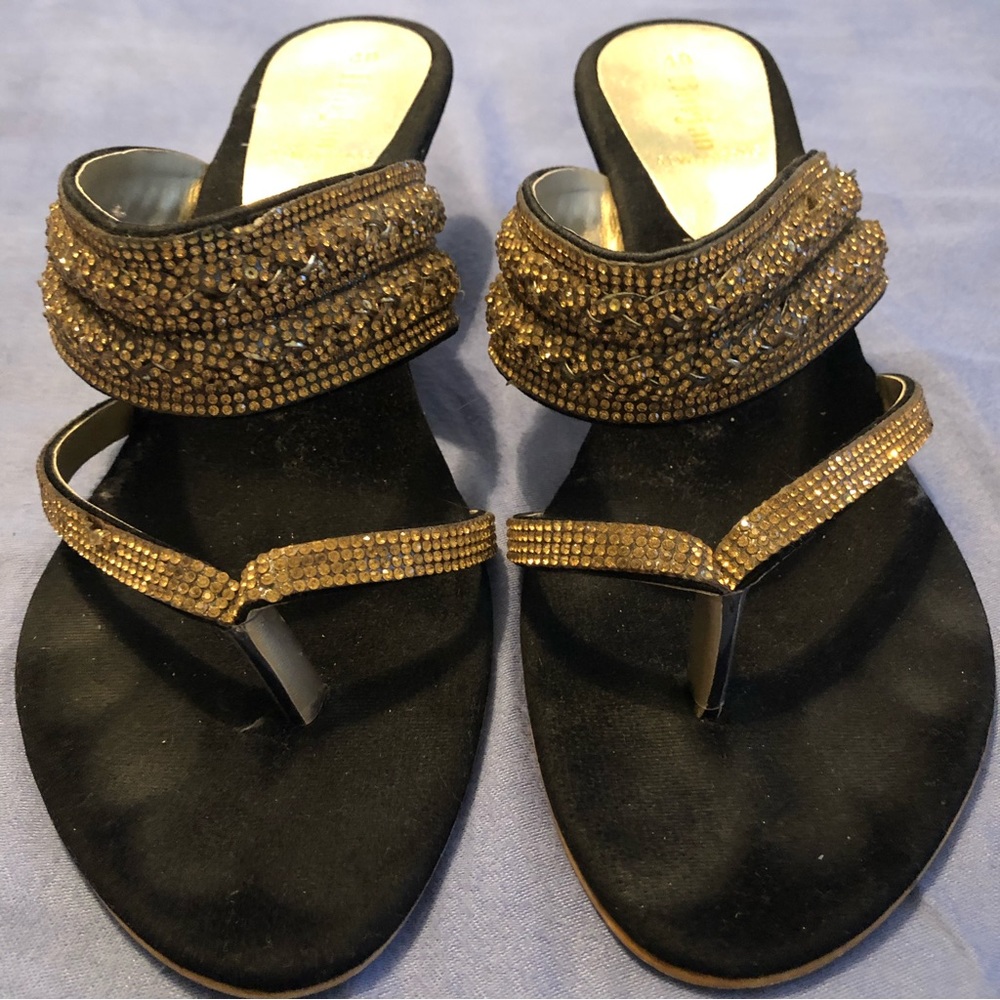 Borjan Wedge Open Toe Sandals Black Velvet & Gold Diamantés Size 40